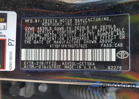 2017 Toyota Camry Le из США, поврежденный, VIN 4T1BF1FK1HU757625